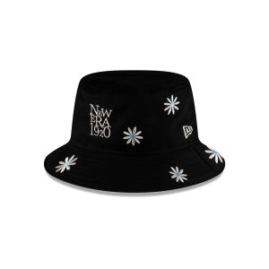 Flower Embroidery Black Denim Bucket Hat